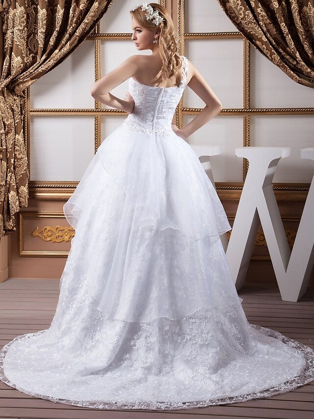A-Line Wedding Dresses One Shoulder Court Train Lace Organza Satin Spaghetti Strap with Ruched Lace Insert Cascading