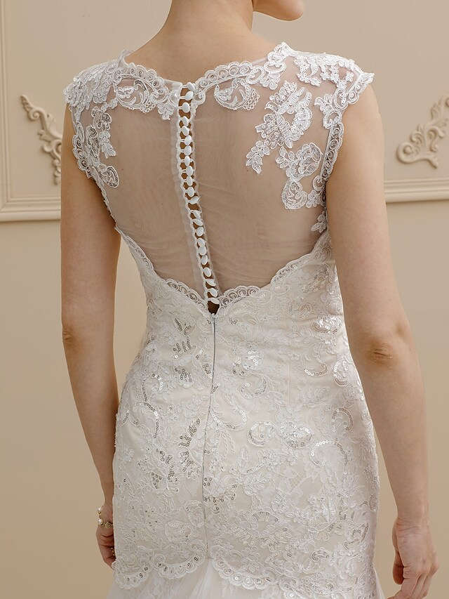 Wedding Dresses Square Neck Court Train Lace Over Tulle Regular Straps Wedding Dress in Color Floral Lace See-Through with Buttons Sequin