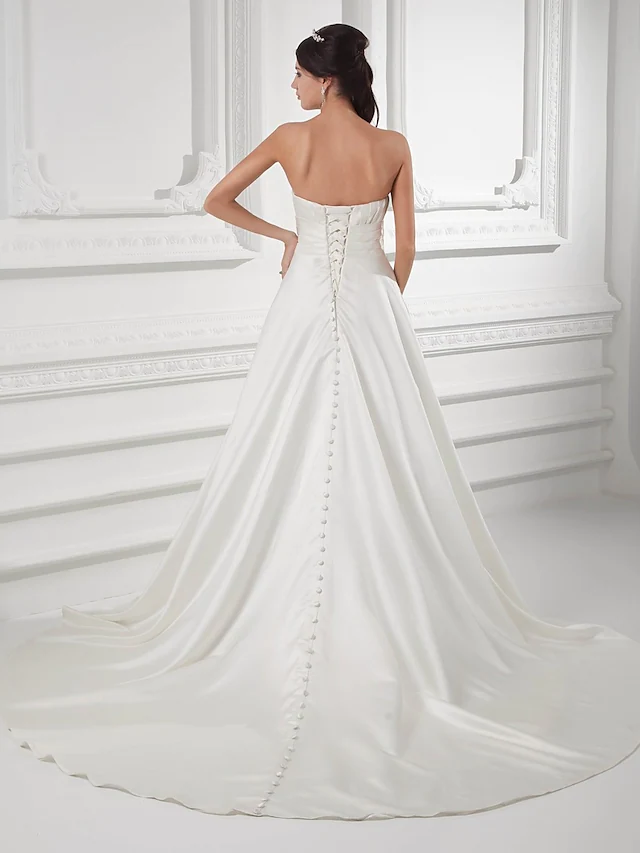 A-Line Wedding Dresses Sweetheart Neckline Court Train Satin Strapless with Buttons Ruched