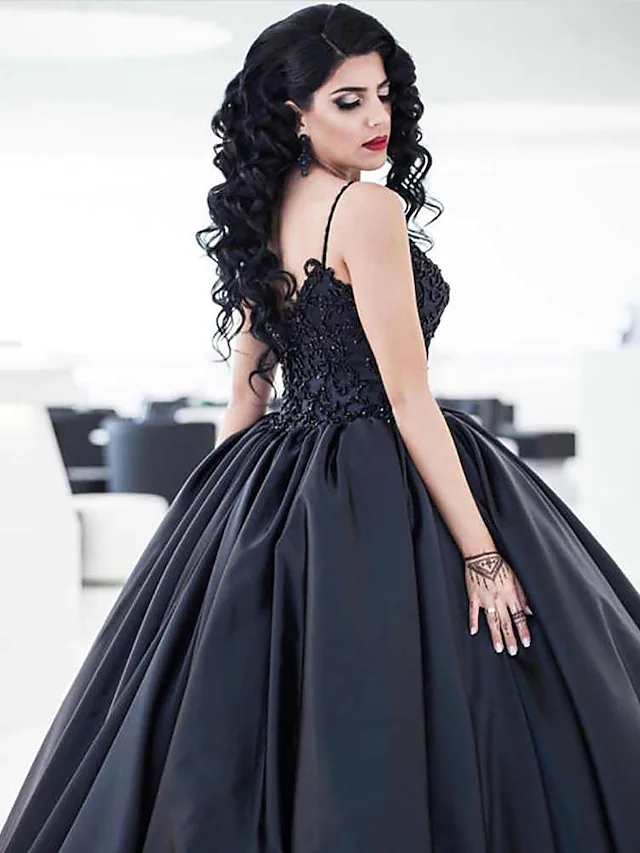 Ball Gown Wedding Dresses Sweetheart Neckline Court Train Lace Satin Spaghetti Strap Black with Draping