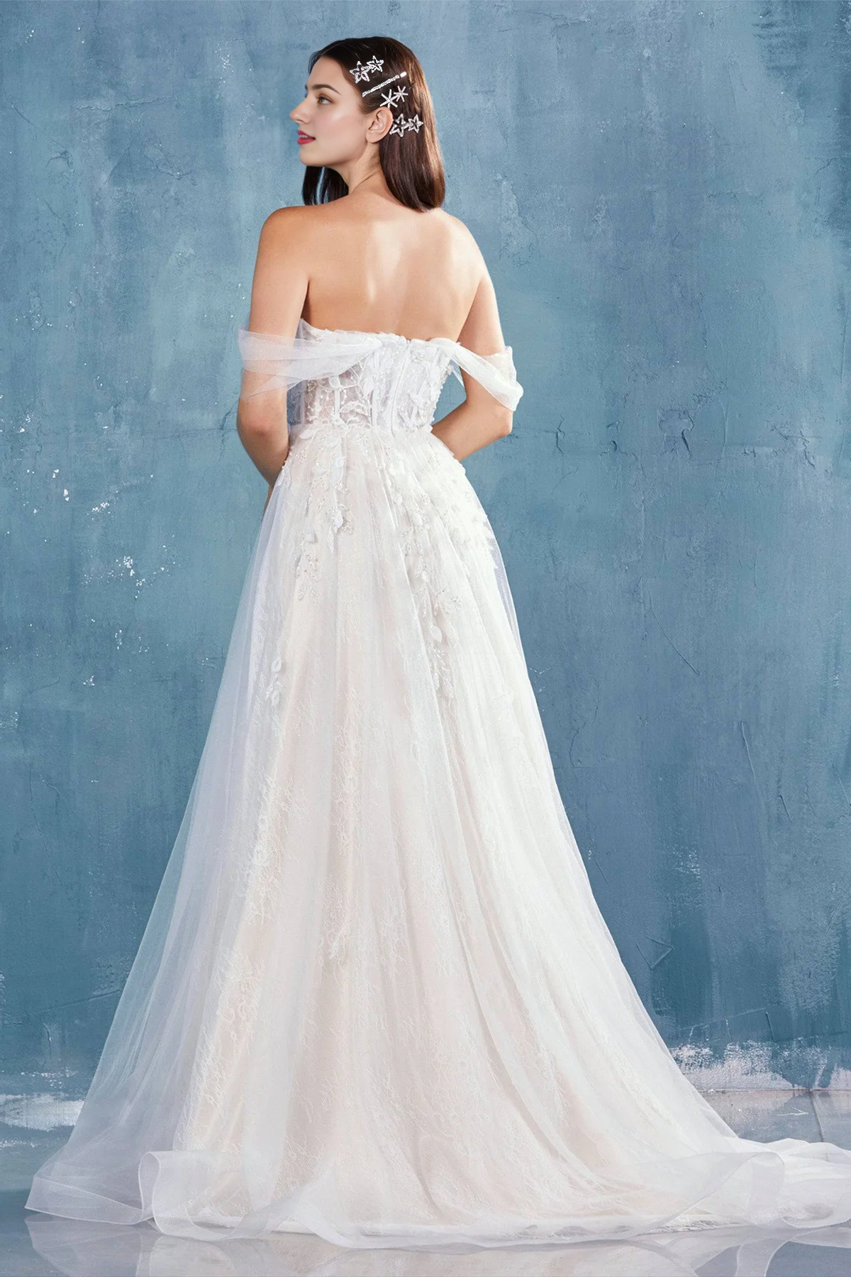 Flowing Floral Lace Wedding Dress Off Shoulder Long Beautiful