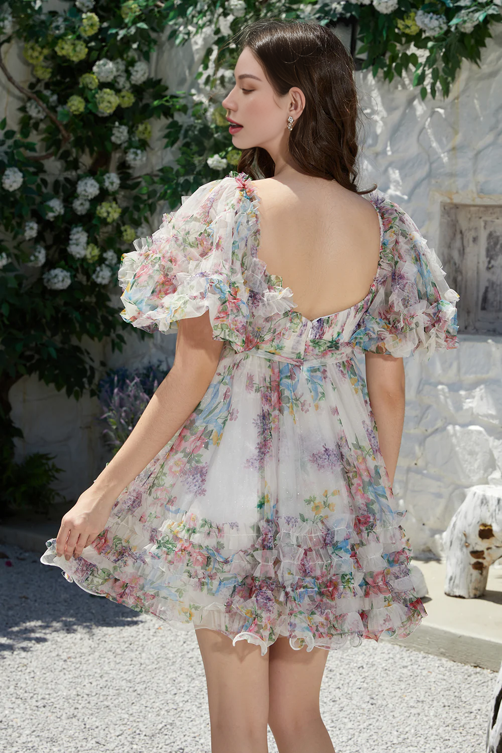Trendy A Line Ivory Floral Printed Short Tulle Homecoming Dress with Short Sleeves With Bow