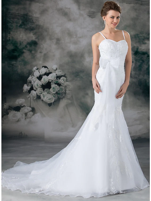 Wedding Dresses Sweetheart Neckline Chapel Train Lace Organza Satin Spaghetti Strap with Sashes Ribbons Bow(s)