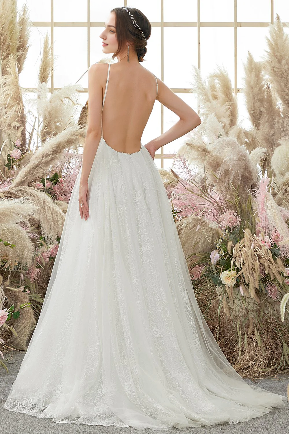 V neck Blackless Wedding Dress Sexy Long Beautiful
