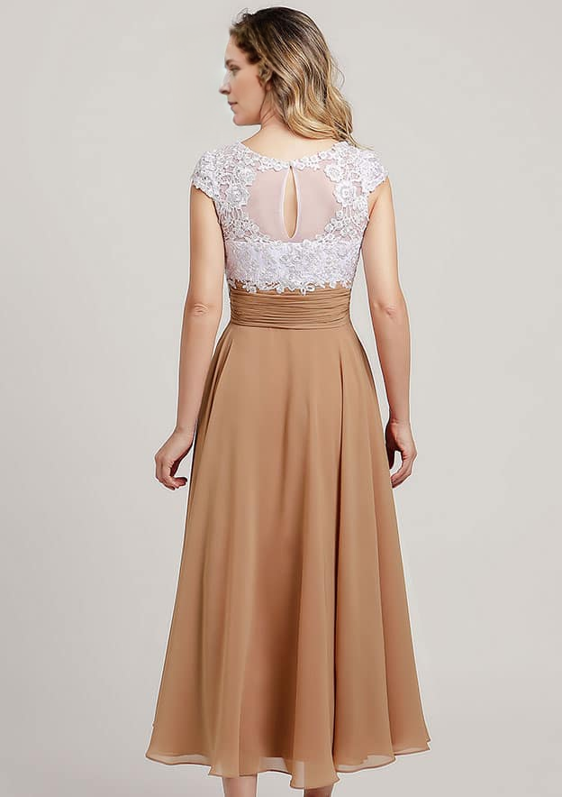 Chiffon Mother of the Bride Dress A-linePrincess V Neck Short Sleeve Tea-Length With Lace Short
