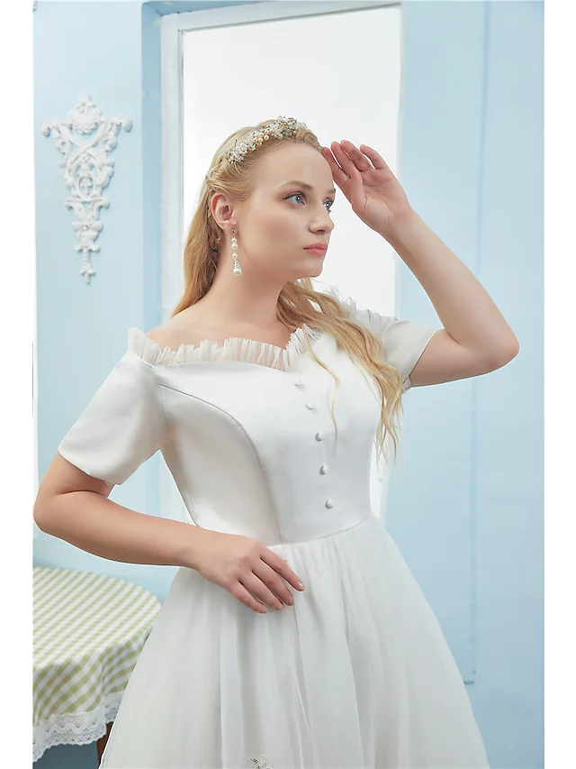 Ball Gown Plus Size Elegant Quinceanera Prom Dress Off Shoulder Short Sleeve Tea Length Tulle