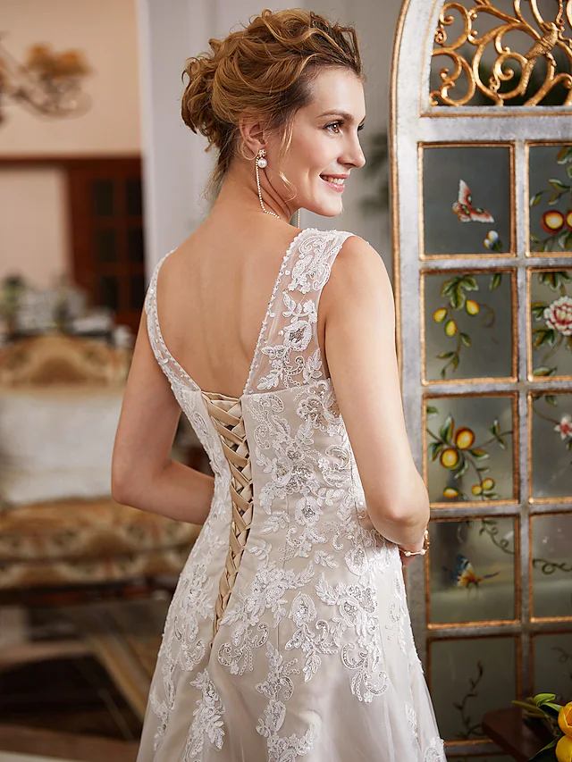 A-Line Wedding Dresses V Neck Court Train Lace Tulle Regular Straps Romantic Illusion Detail with Beading