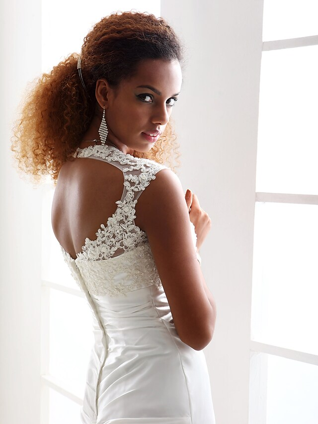 Wedding Dresses Scoop Neck Charmeuse Beaded Lace Cap Sleeve Simple Backless with