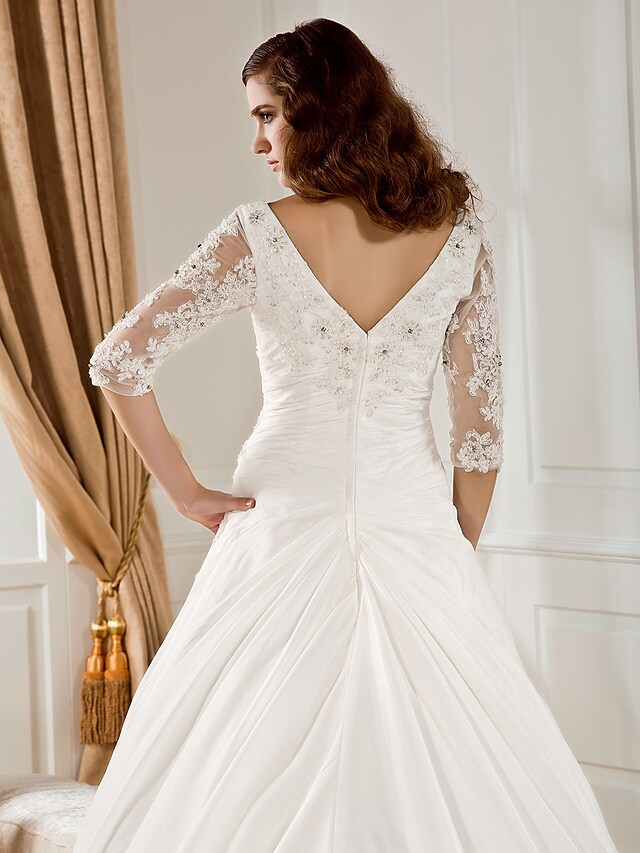 Ball Gown Wedding Dresses V Neck Chapel Train Taffeta Half Sleeve See-Through with Ruched Beading