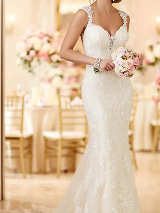 Wedding Dresses V Neck Lace Spaghetti Strap Mordern Sexy Backless Long