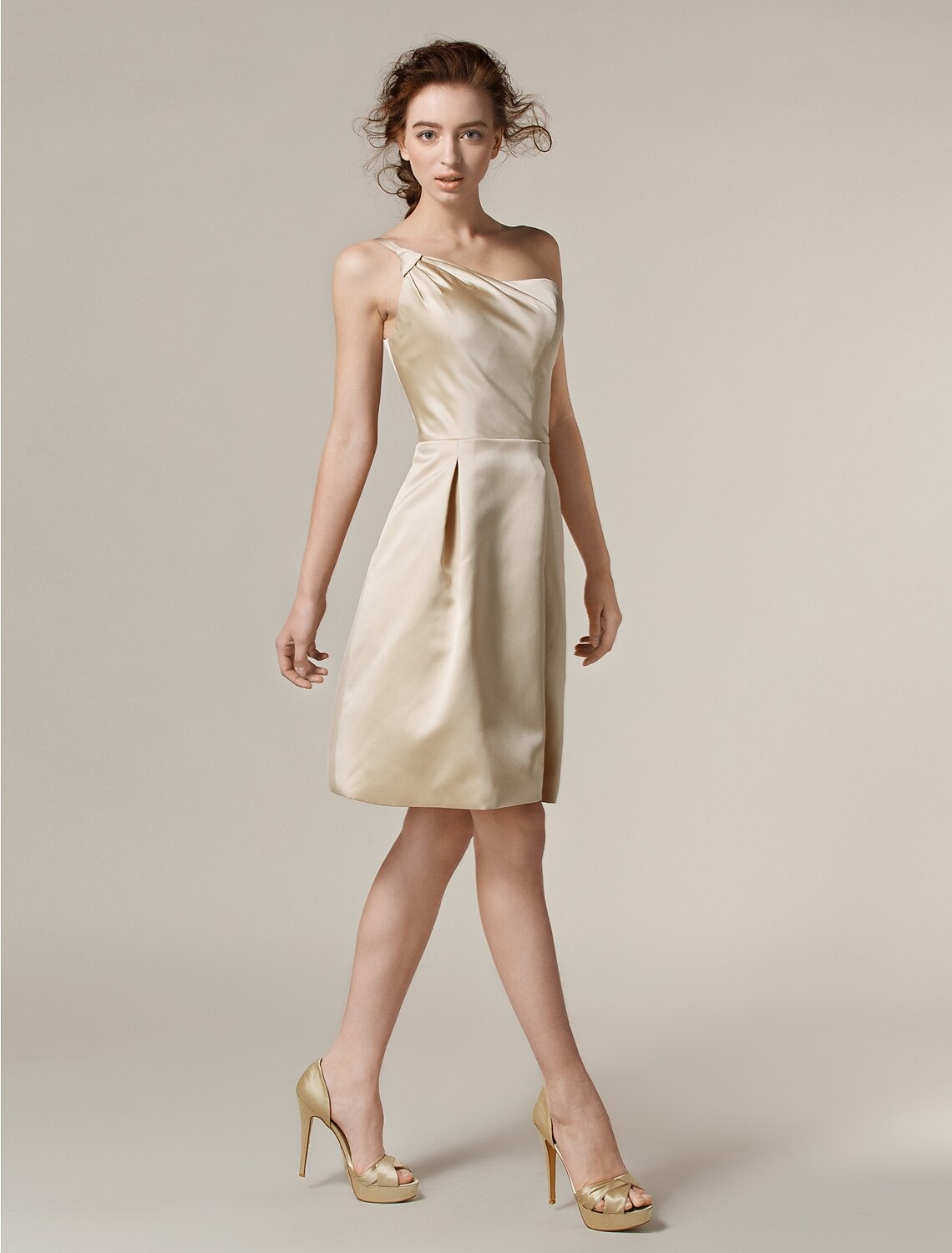 A-Line One Shoulder Knee Length Satin Bridesmaid Dress with Draping