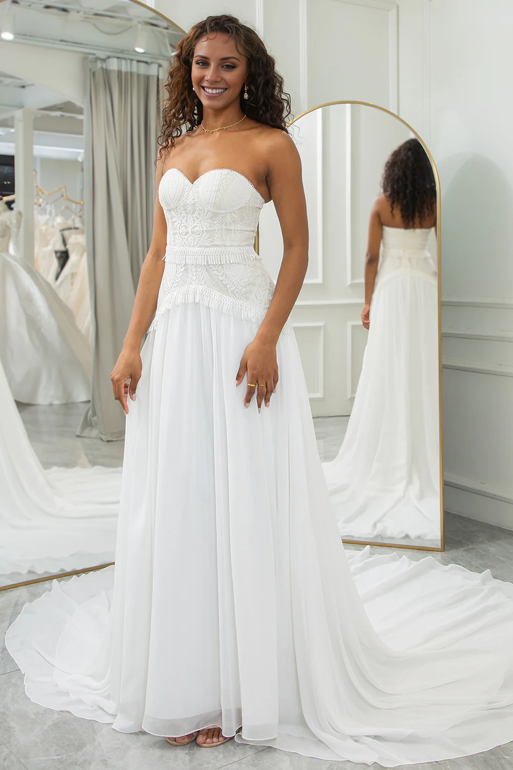 Ivory Sweetheart Detachable Flare Sleeves Boho Wedding Dress Off Shoulder