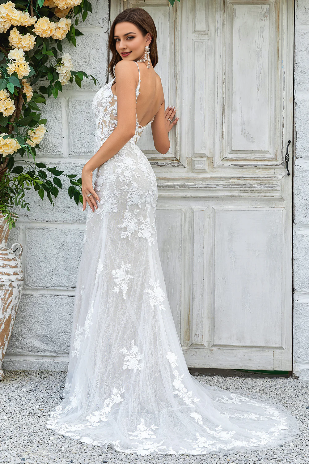 Ivory Mermaid Lace Long Wedding Dress V-neck Sexy