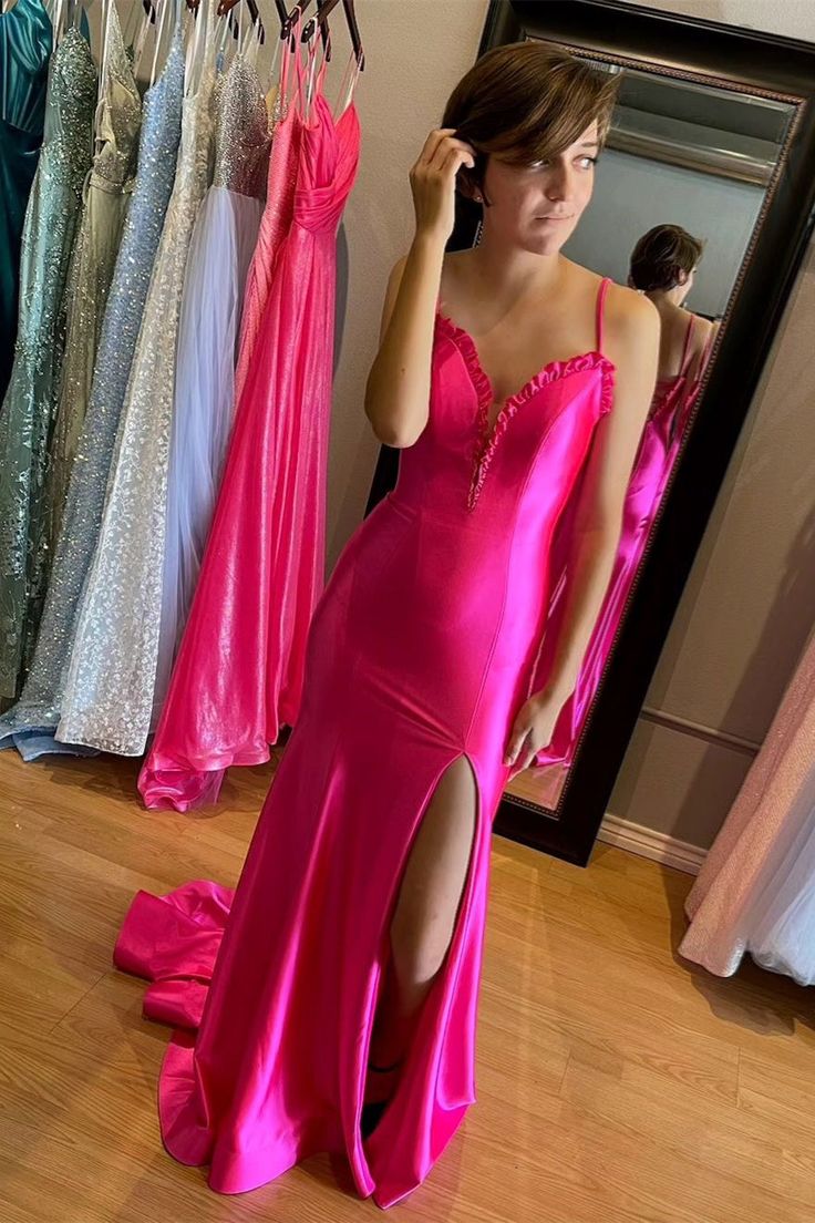 Red Mermaid Backless Prom Dresses Long Evening Dresses With Slit