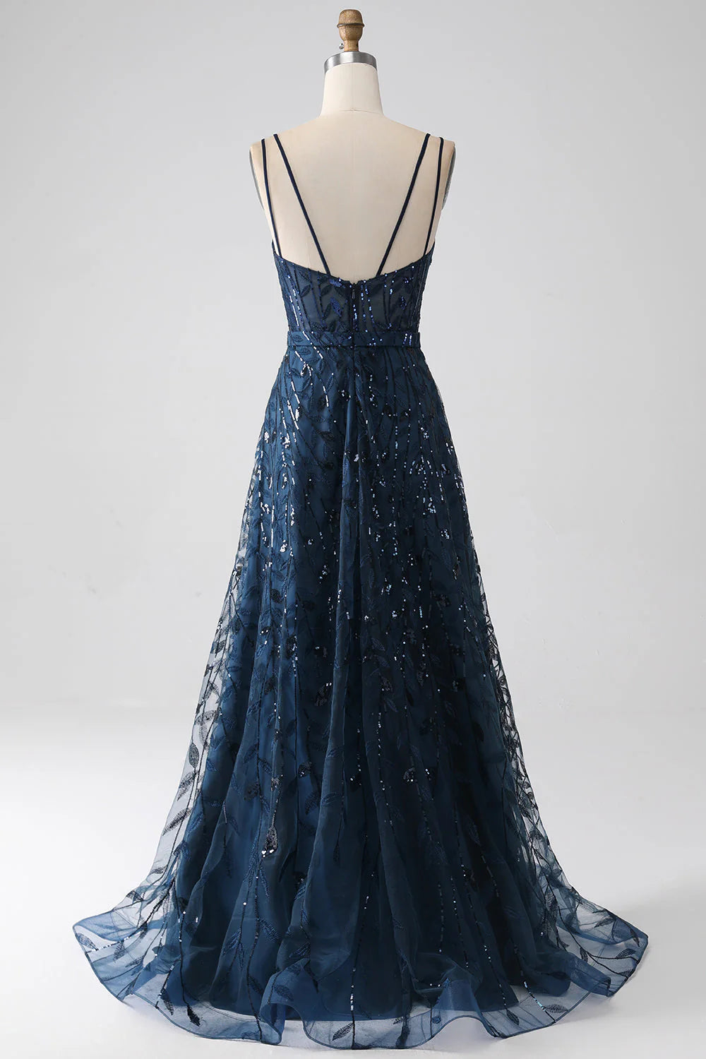 A-Line Spaghetti Straps Long Prom Dress with Slit V-neck Sparkly