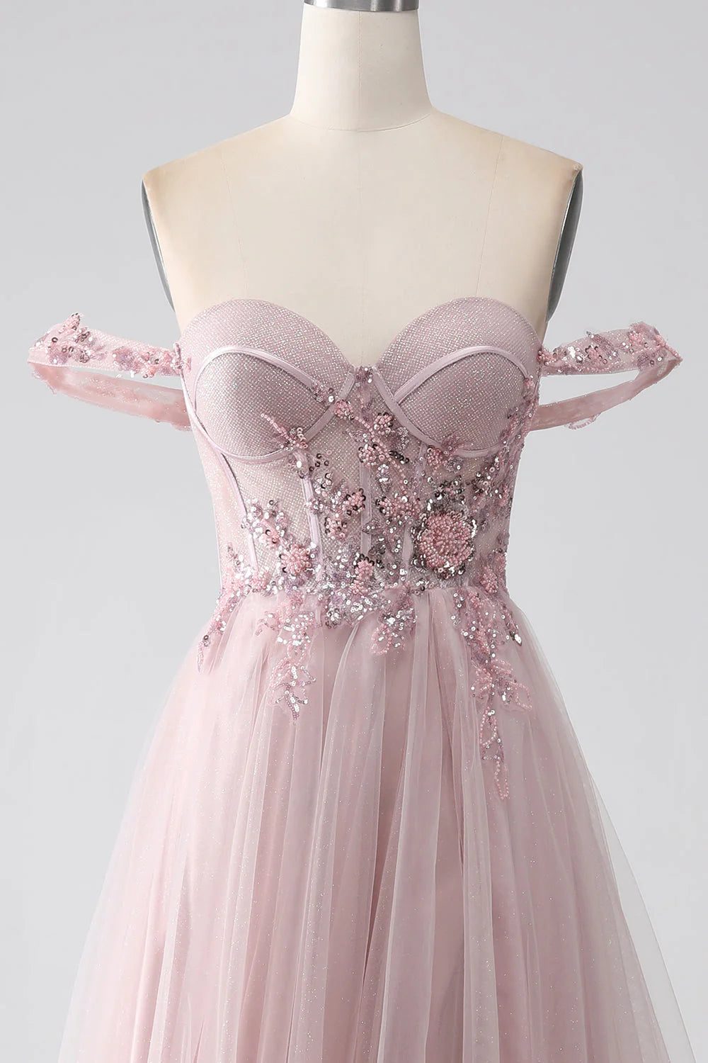 A Line Beaded Prom Dress with Slit Off Shoulder Long Sexy