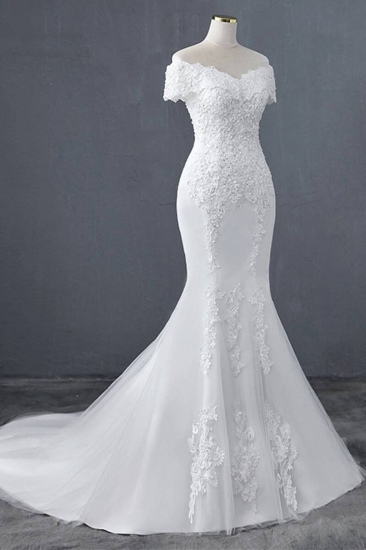 White Floral Lace Off-the-Shoulder Trumpet Wedding Dress Long