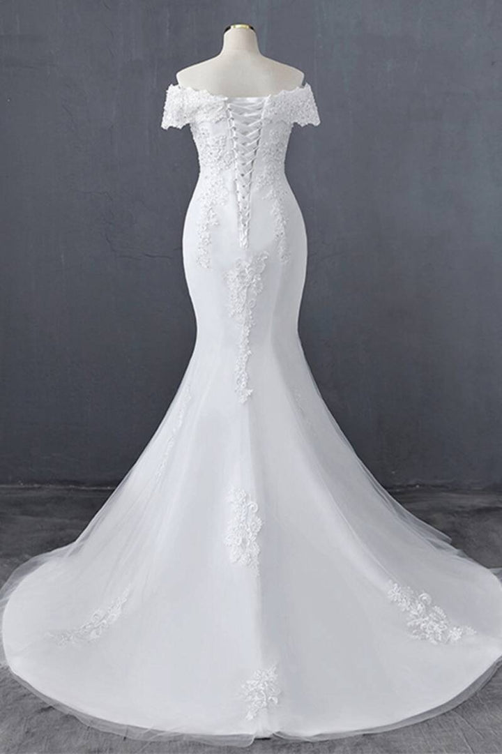 White Floral Lace Off-the-Shoulder Trumpet Wedding Dress Long