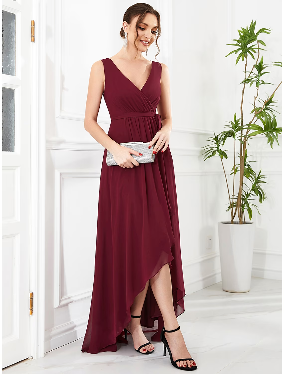 A-Line Wedding Guest Dresses Elegant Dress Party Wear Asymmetrical Sleeveless V Neck Chiffon with Ruffles