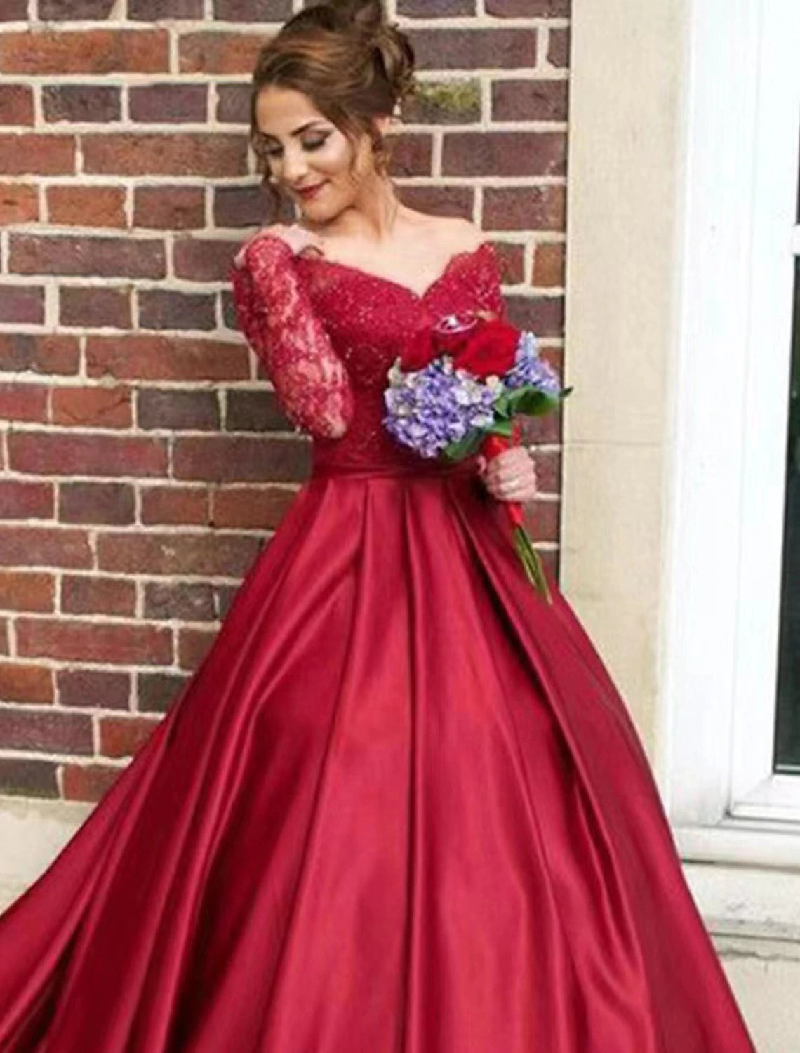 A-Line Evening Gown Floral Dress Sweet 16 Chapel Train Long Sleeve V Neck Satin with Appliques Off Shoulder
