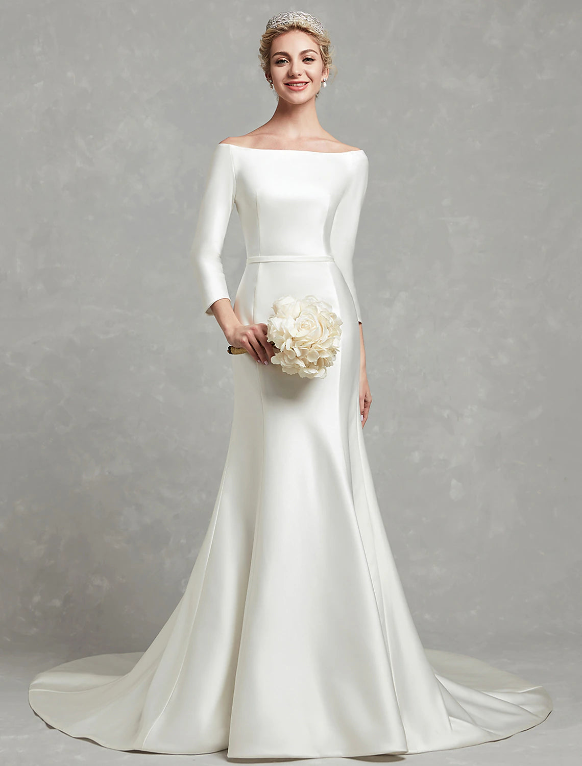 Simple Wedding Dresses Mermaid / Trumpet Off Shoulder 3/4 Length Sleeve Chapel Train Satin Bridal Gowns With Pleats