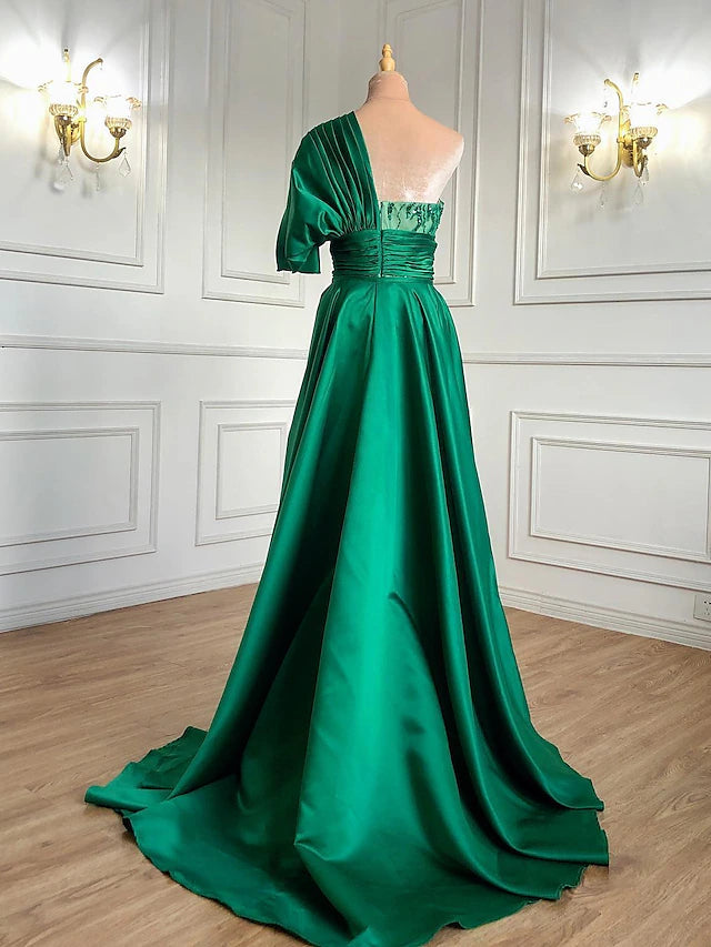 A-Line Evening Gown Luxurious Dress Formal Sweep / Brush Train Short Sleeve One Shoulder Charmeuse with Ruched