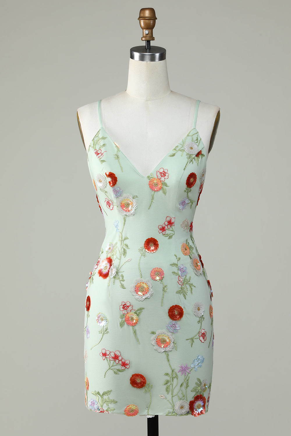 Spaghetti Straps Olive Tight Homecoming Dress With Embroidery With Flowers