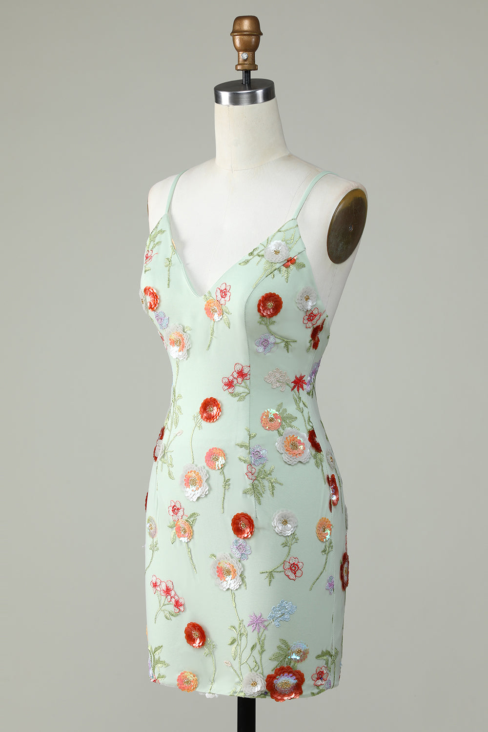 Spaghetti Straps Olive Tight Homecoming Dress With Embroidery With Flowers