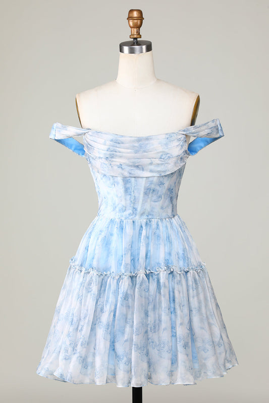 Cute A Line Off The Shoulder Blue Printed Short Homecoming Dress With Ruffles Short