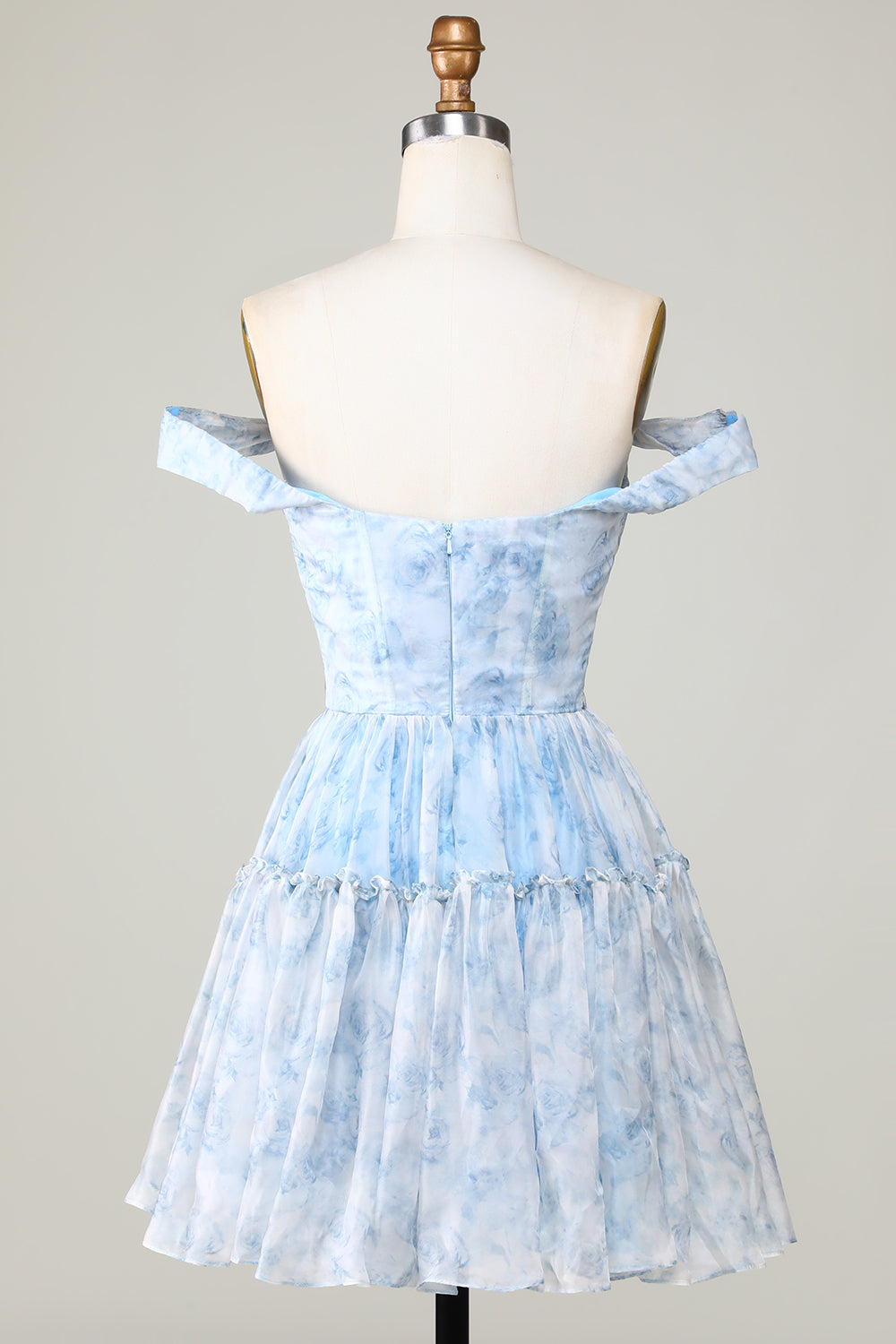 Cute A Line Off The Shoulder Blue Printed Short Homecoming Dress With Ruffles Short