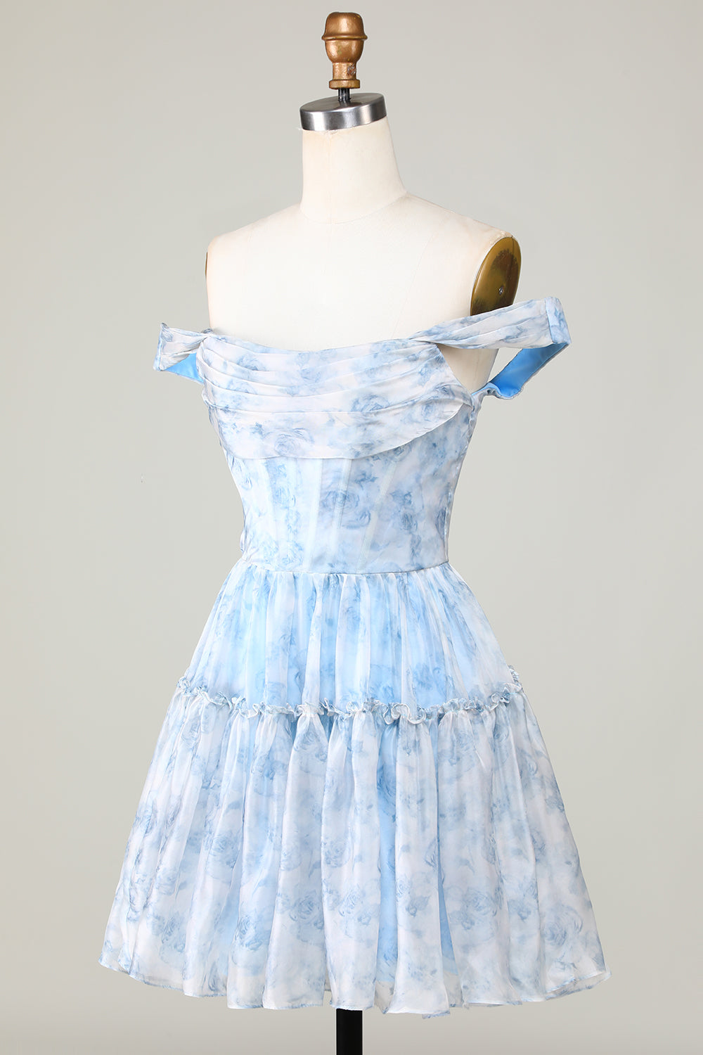 Cute A Line Off The Shoulder Blue Printed Short Homecoming Dress With Ruffles Short