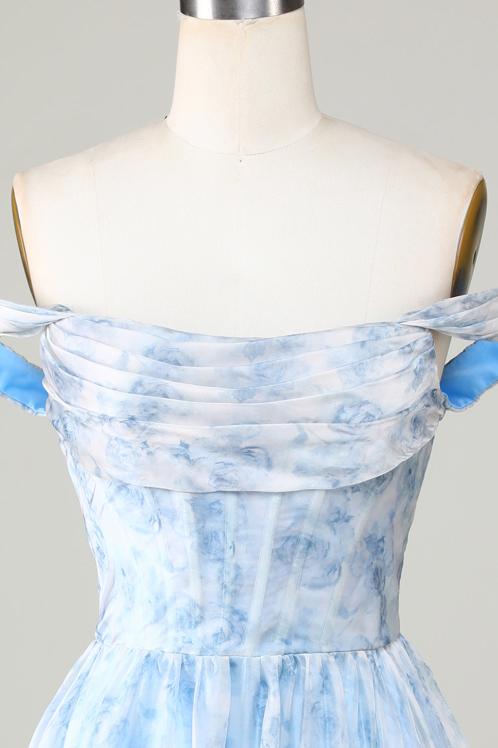 Cute A Line Off The Shoulder Blue Printed Short Homecoming Dress With Ruffles Short