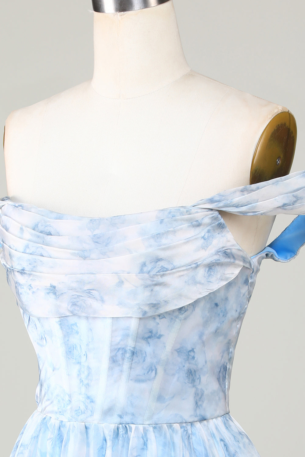 Cute A Line Off The Shoulder Blue Printed Short Homecoming Dress With Ruffles Short