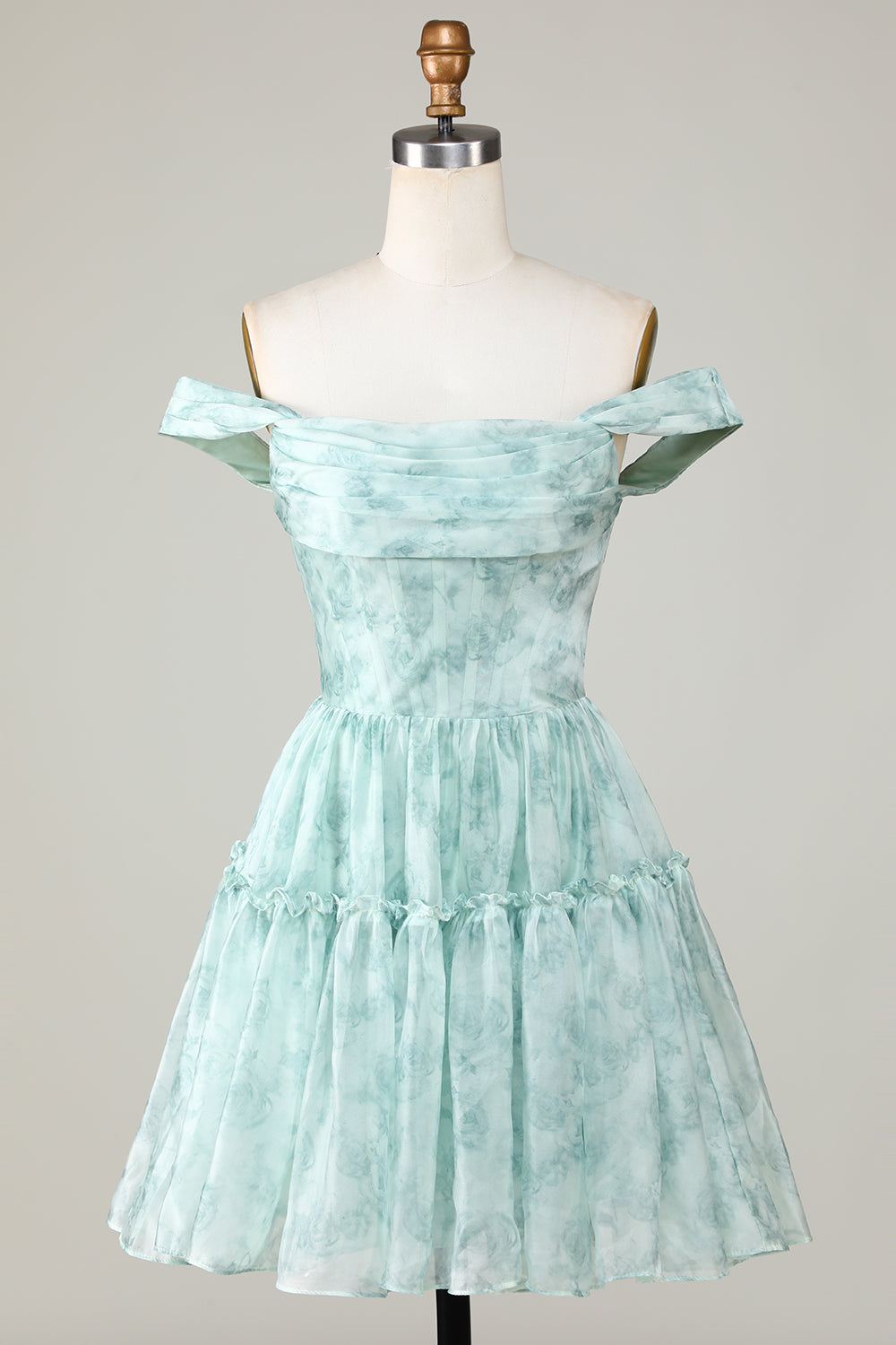 Cute A Line Off The Shoulder Blue Printed Short Homecoming Dress With Ruffles Short