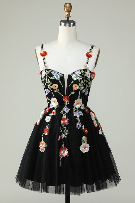 Black A Line Spaghetti Straps Sequin Homecoming Dress with Flowers Short