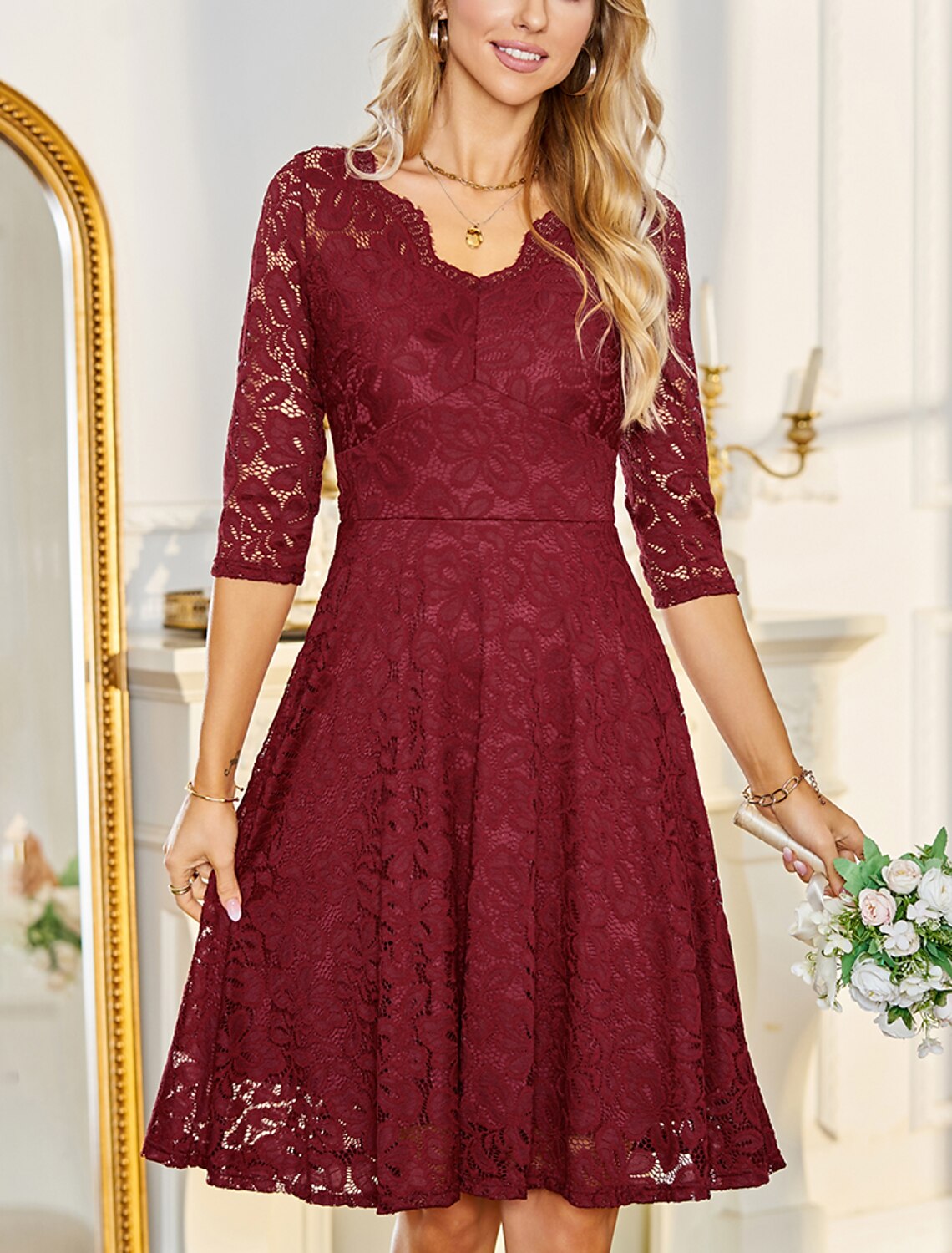 A-Line/Princess V-Neck Lace Wedding Guest Cocktail Dresses With Applique Short