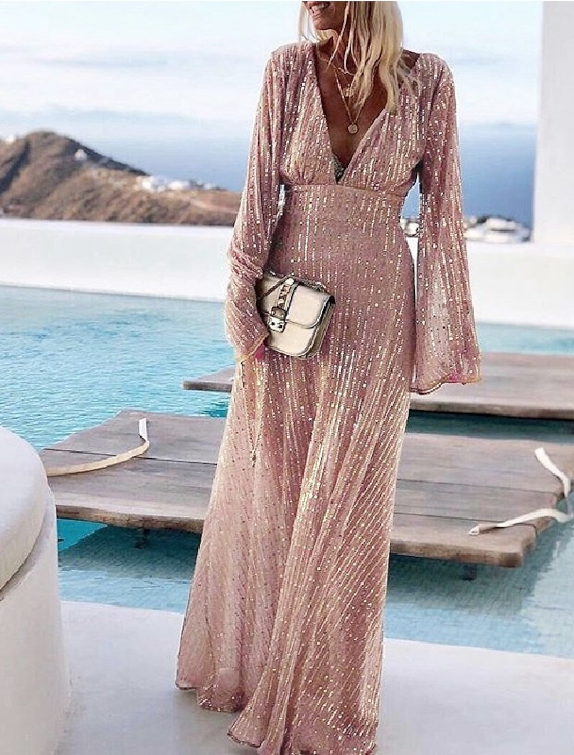 A-Line/Princess V-Neck Long Sleeves Prom Evening Dresses With Sequins Sparkly