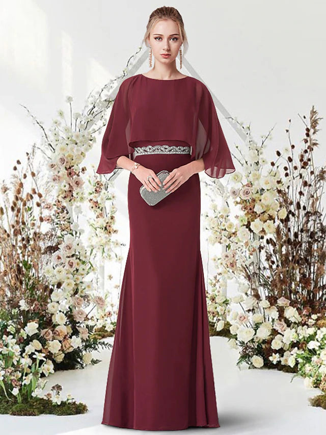 Sheath / Column Minimalist Elegant Engagement Formal Evening Dress Jewel Neck Half Sleeve Floor Length Chiffon with Sash