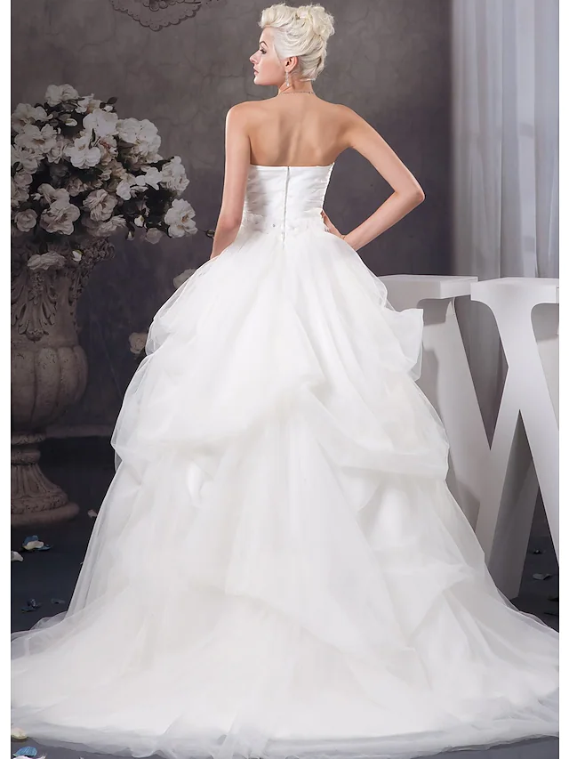 A-Line Wedding Dresses Sweetheart Neckline Court Train Organza Satin Strapless with Pick Up Skirt Ruched