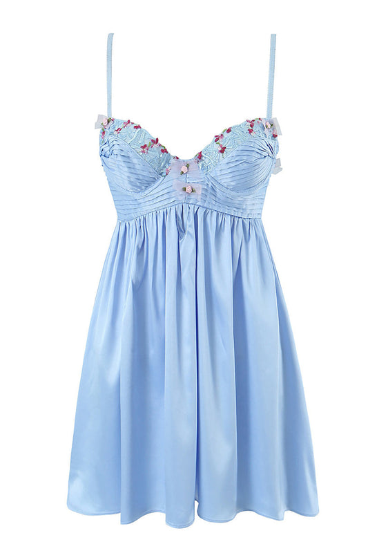 Blue A-Line Spaghetti Straps Backless Graduation Dress With Appliques Short