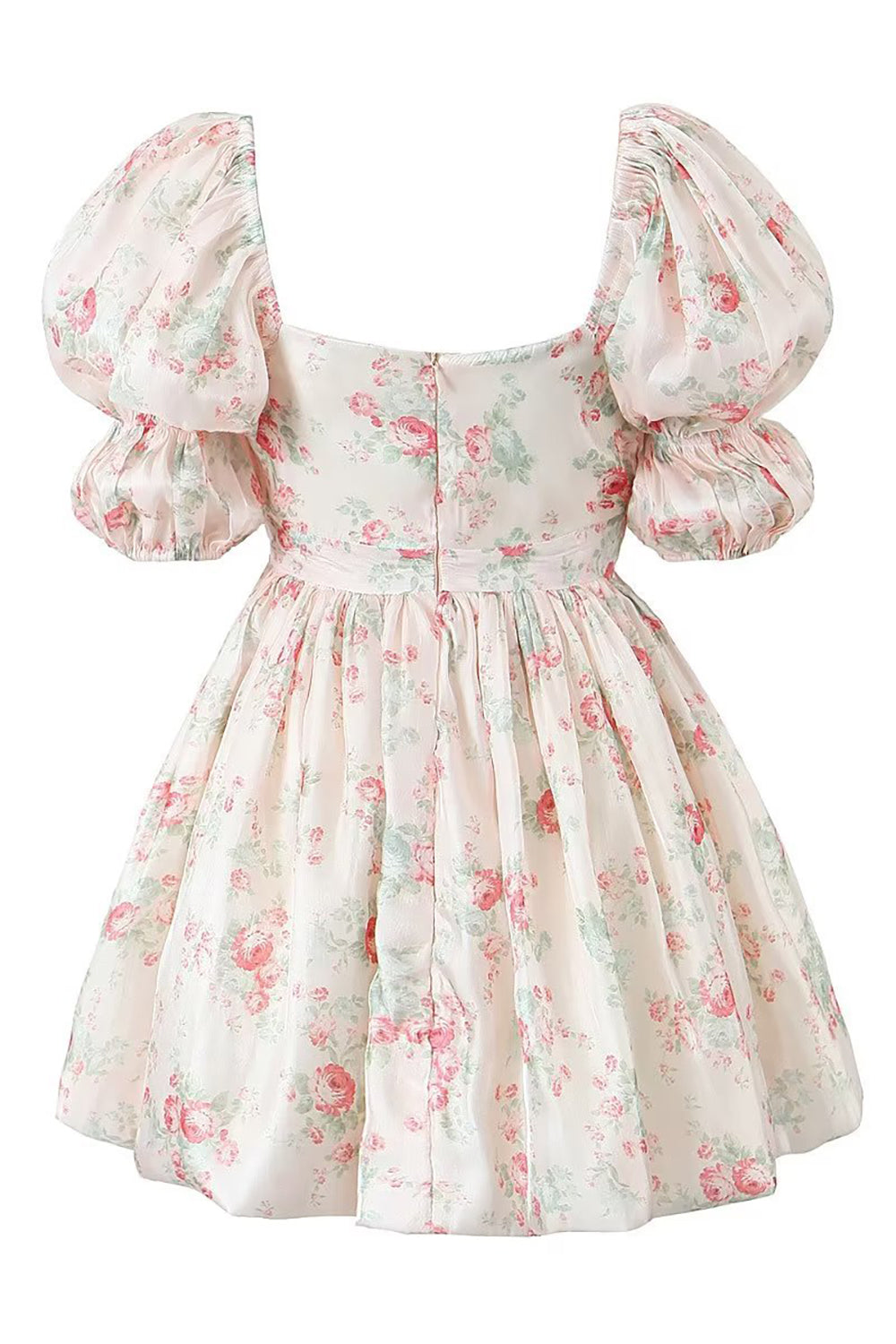 Floral Printed Light Pink A-Line Puff Sleeves Graduation Dress Short