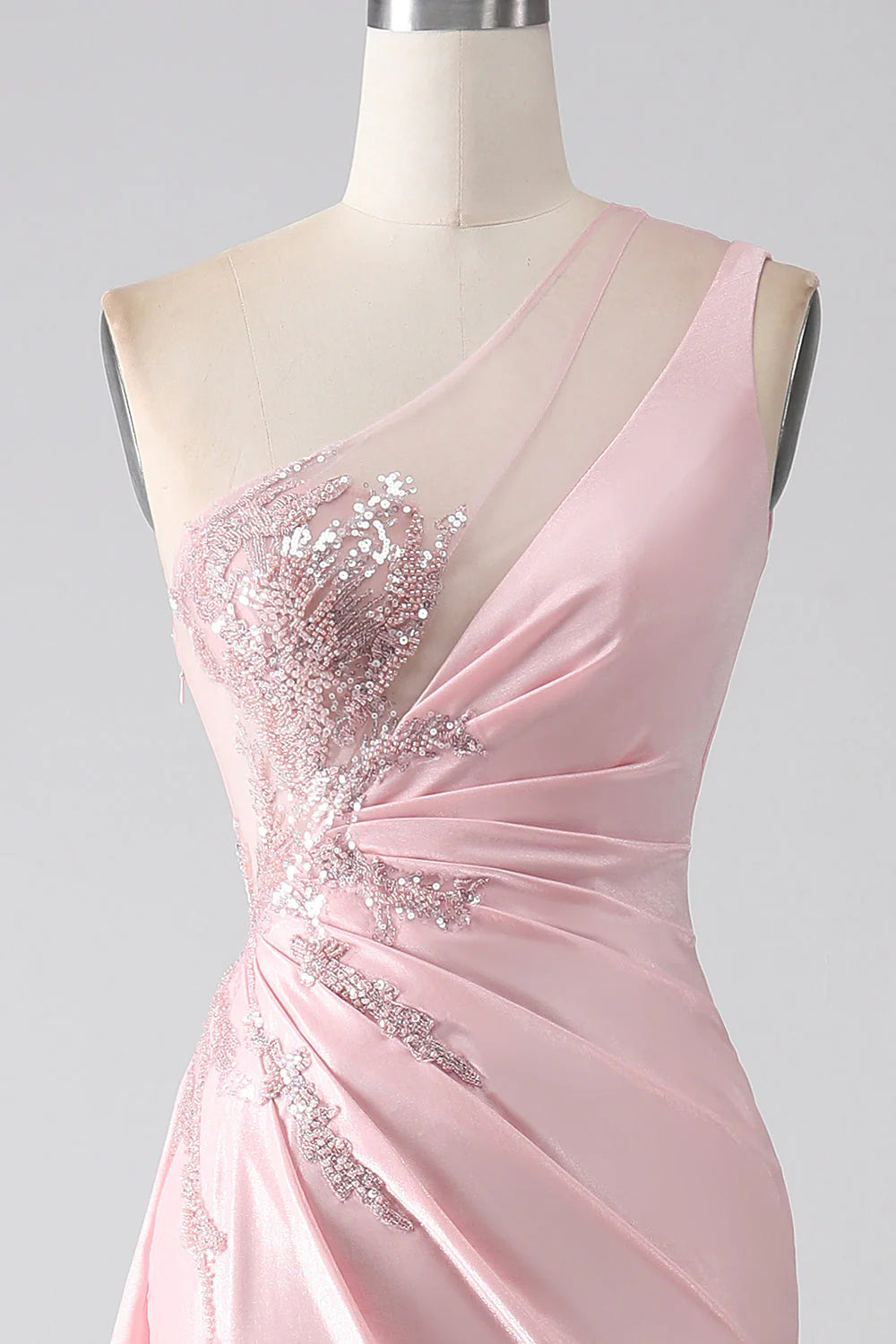 Mermaid One Shoulder Sequins Appliques Ruched Prom Dress With Slit Long