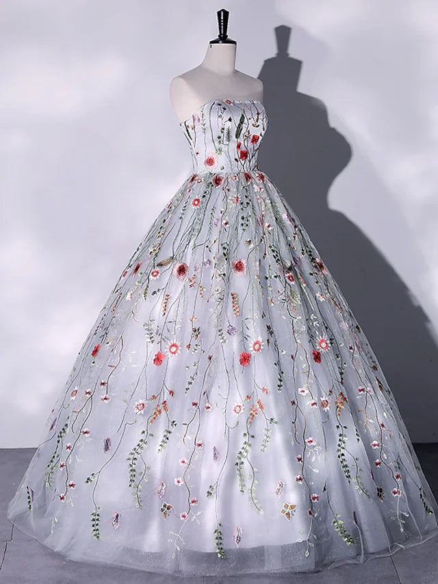 Ball Gown Evening Gown Elegant Dress Quinceanera Floor Length Sleeveless Strapless Lace With Flowers