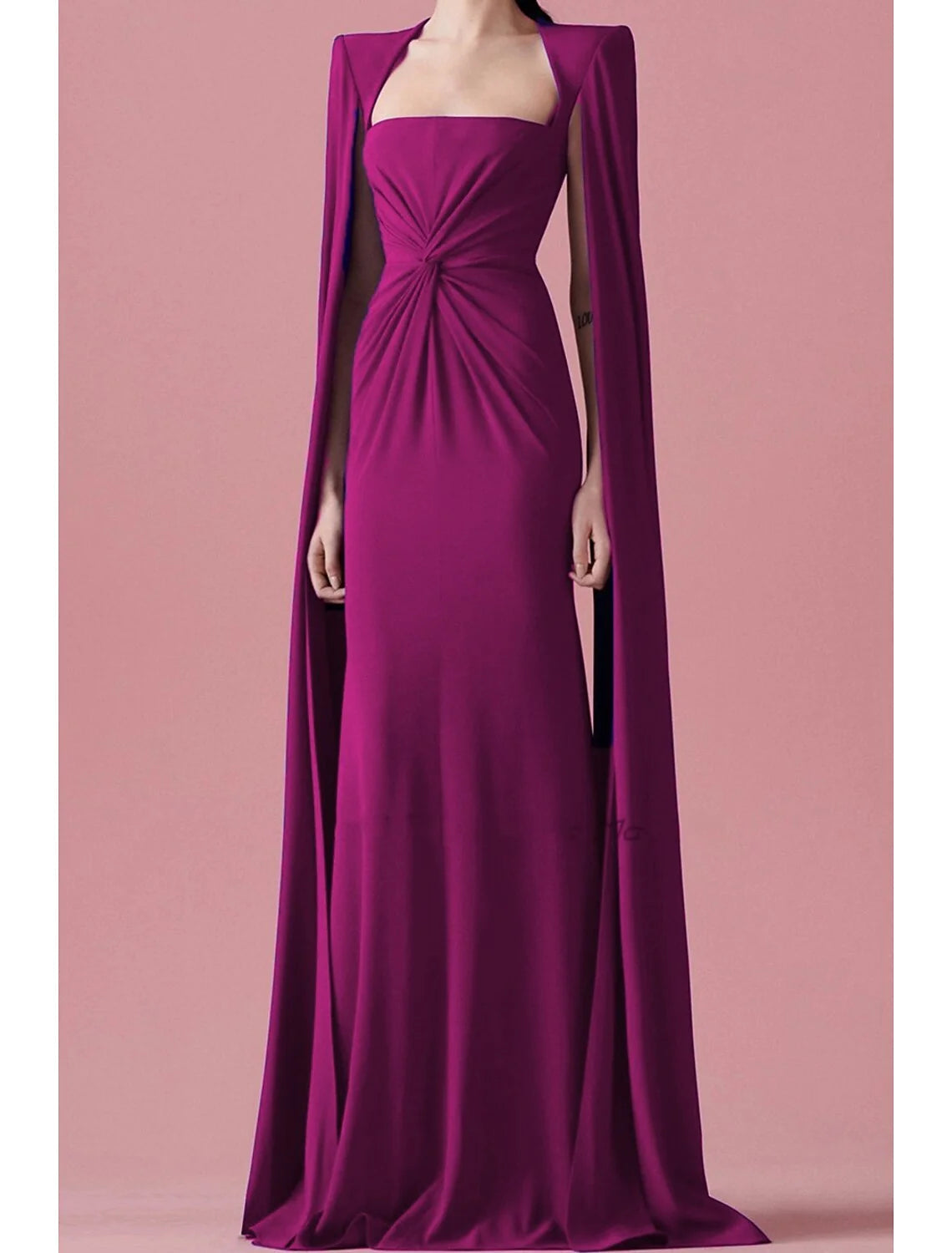 A-Line Evening Gown Elegant Cape Dress Formal Wedding Guest Sweep / Brush Train Sleeveless Square Neck Stretch Fabric