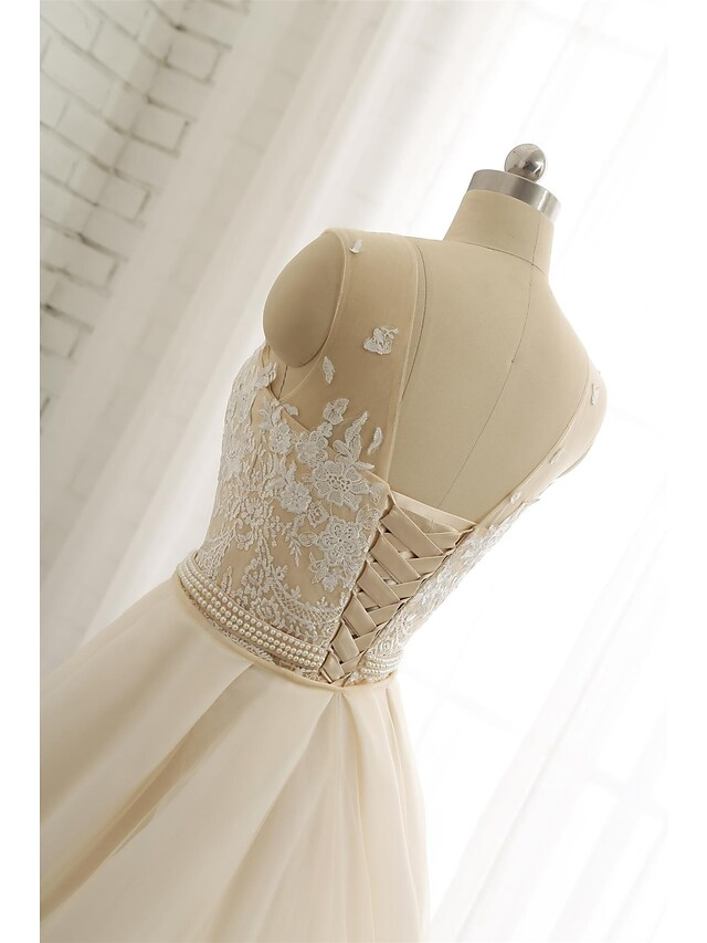 Wedding Dresses Jewel Neck Chapel Train Lace Tulle Lace Over Satin Regular Straps Formal See-Through with Sashes Ribbons Pearls