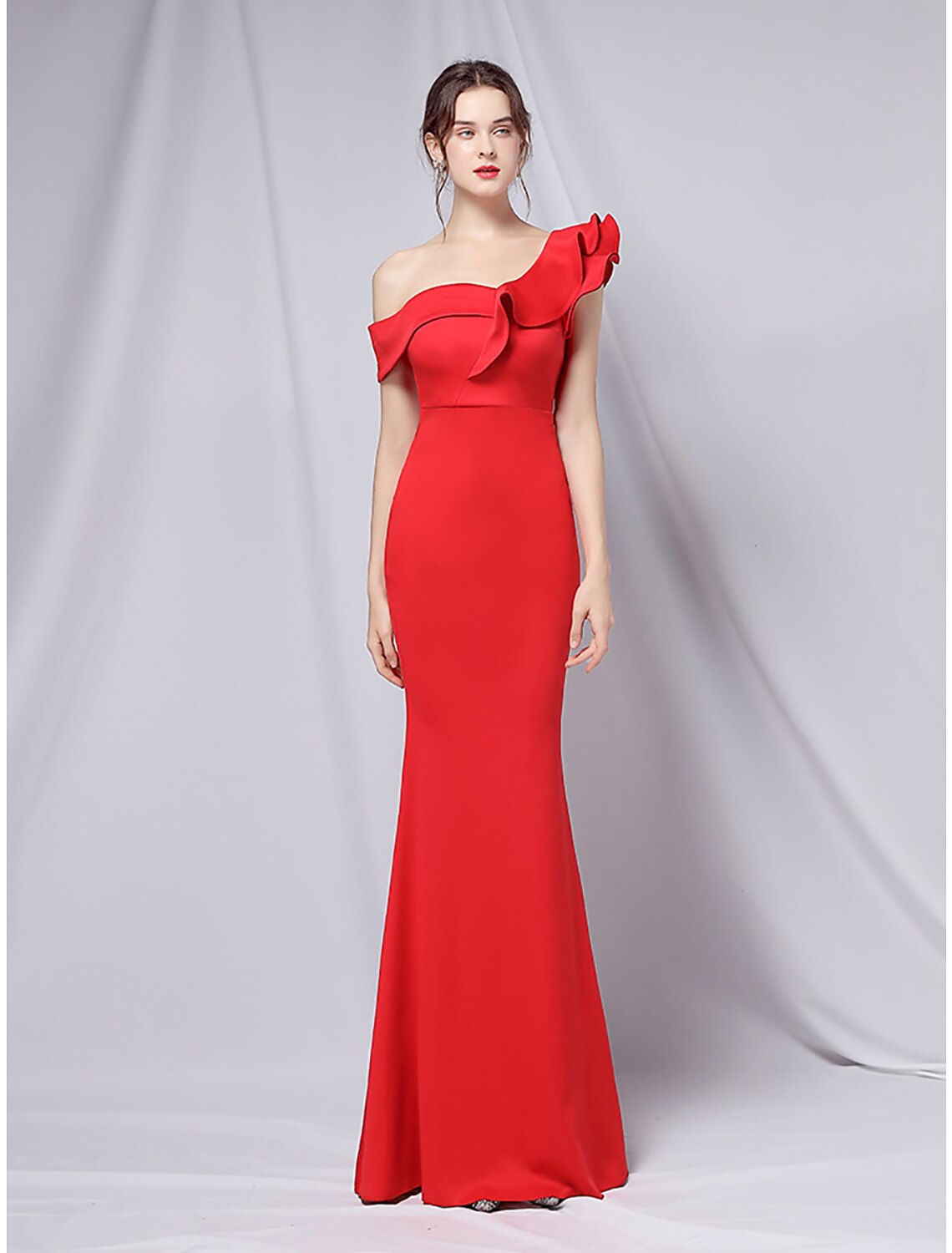 Mermaid / Trumpet Evening Gown Empire Dress Wedding Guest Floor Length Short Sleeve One Shoulder Stretch Satin