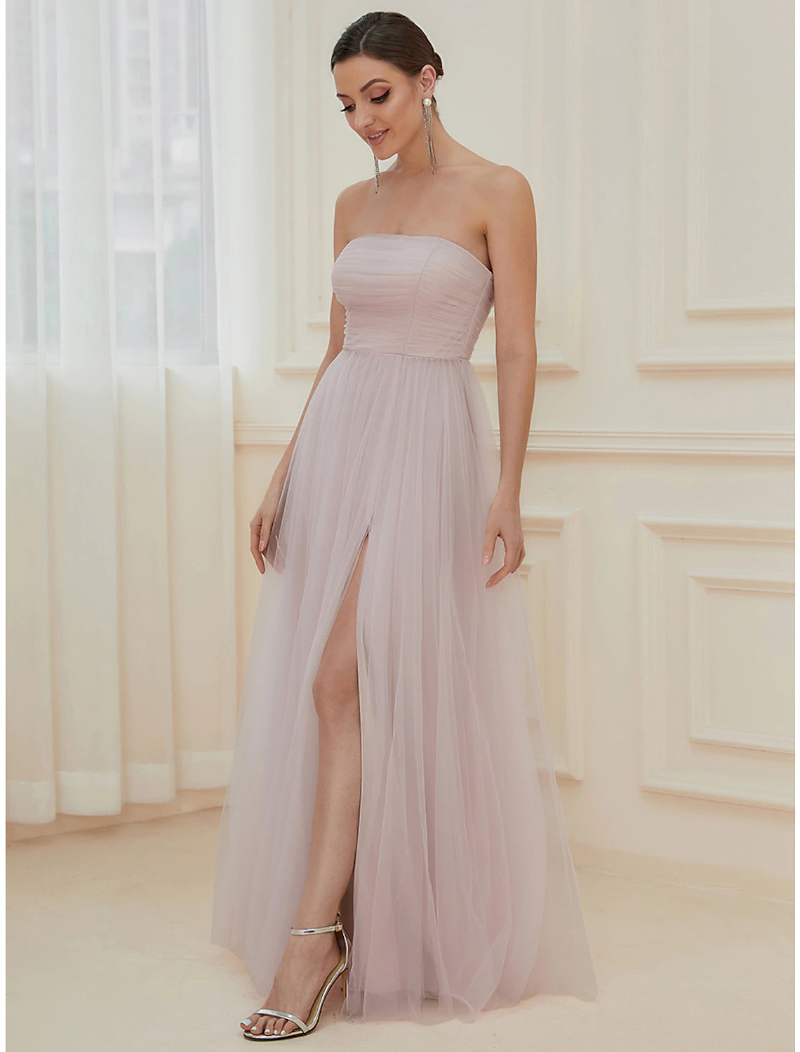A-Line Evening Gown Elegant Dress Wedding Guest Floor Length Sleeveless Off Shoulder Tulle with Pure Color