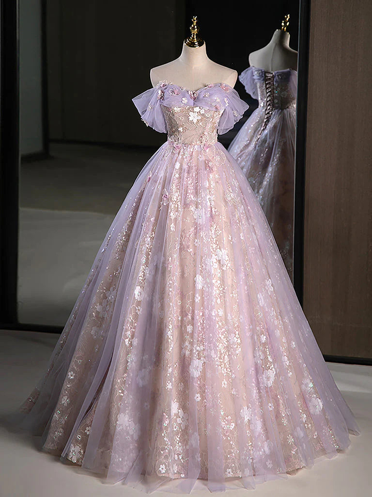A-Line Off Shoulder Long Prom Dress Sparkly