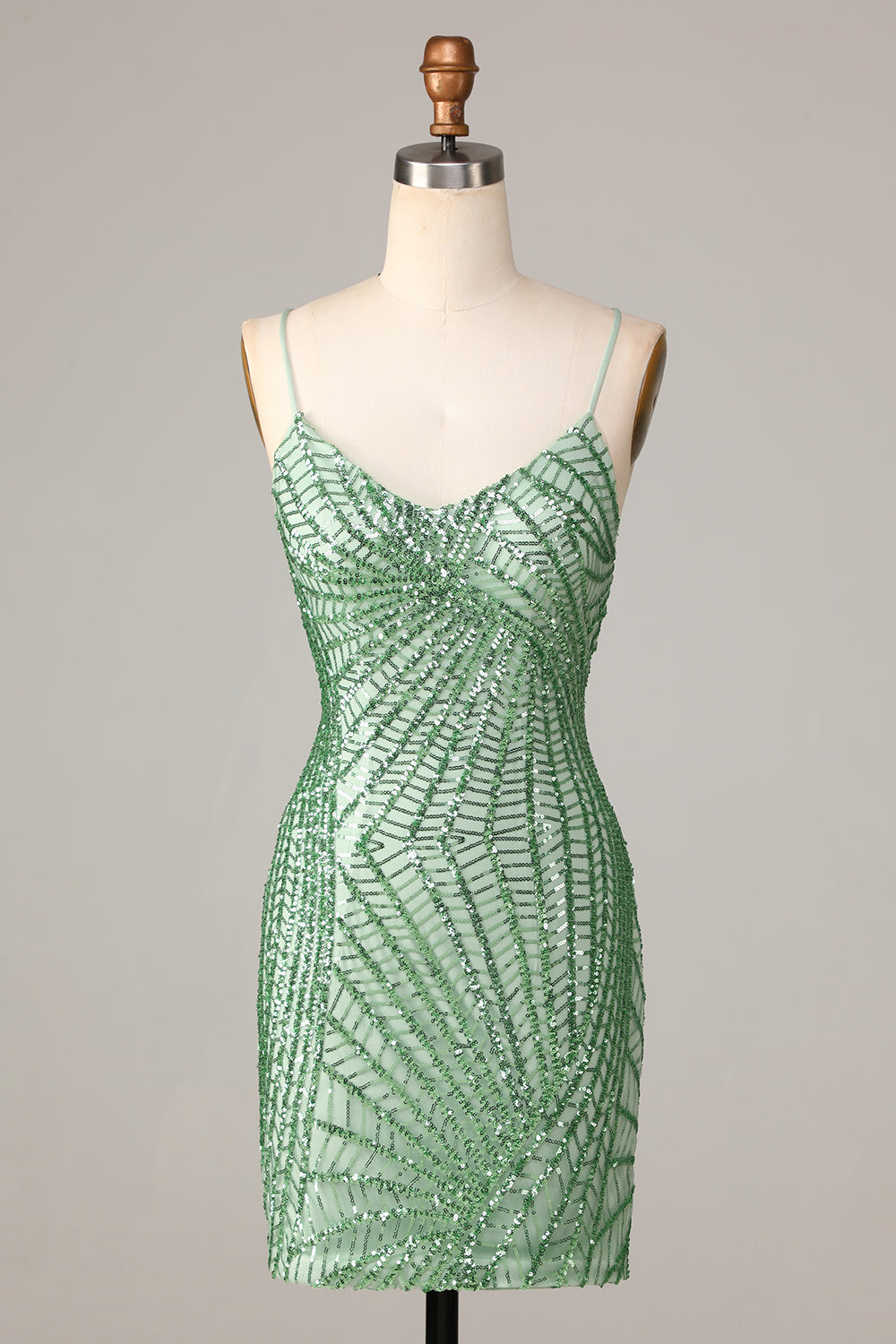 Sheath Spaghetti Straps Green Sequins Short Homecoming Dress With Criss Cross Back Sparkly