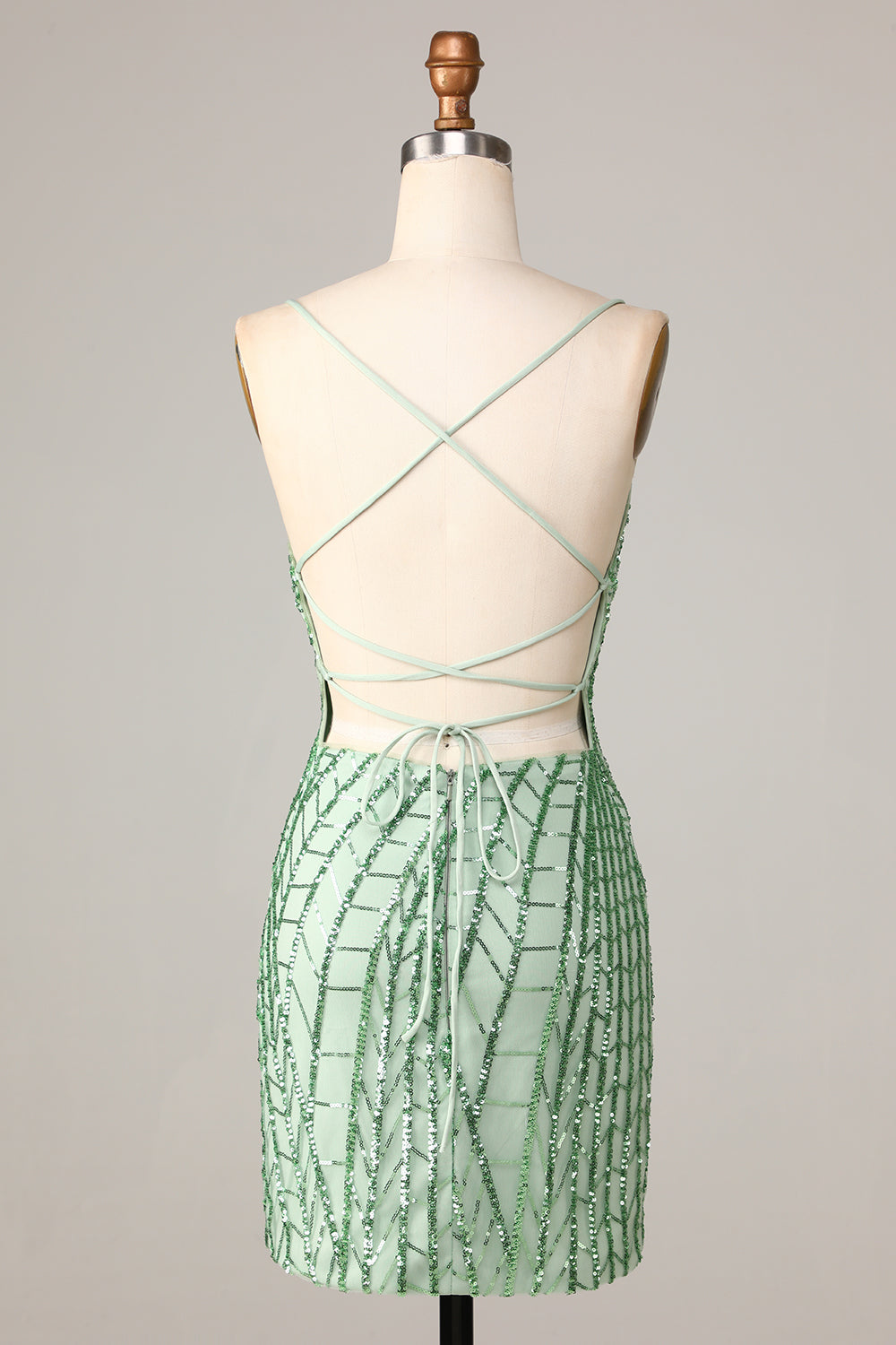 Sheath Spaghetti Straps Green Sequins Short Homecoming Dress With Criss Cross Back Sparkly